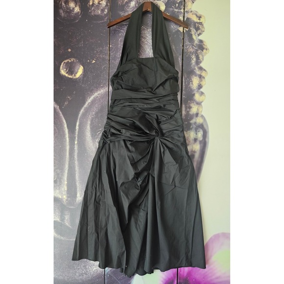 Carolina Herrera Black Halter Neck Midi Ruched Party Dress Size 10 TP01